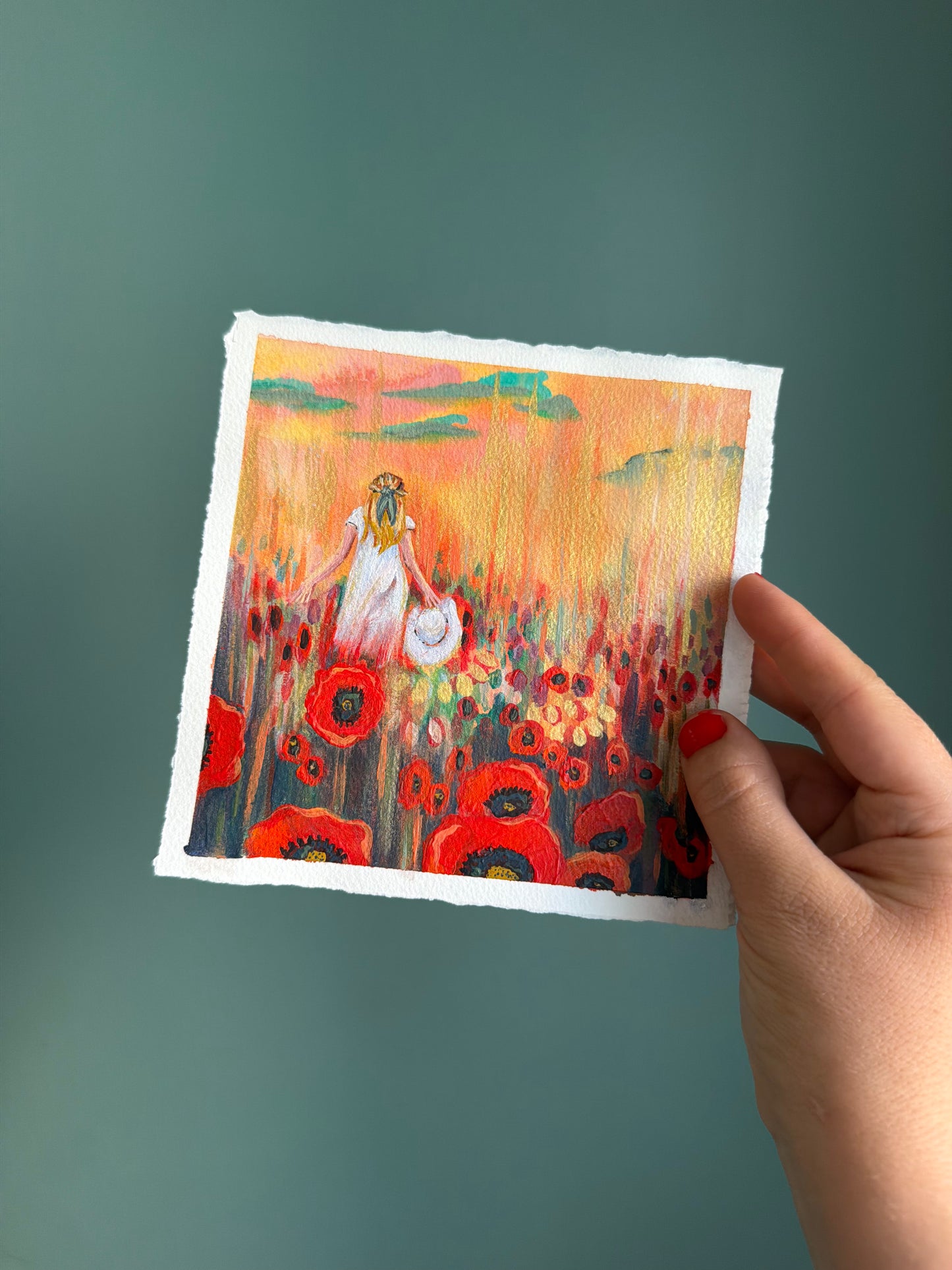 "Field of Poppies" Original on Paper - 6x6"